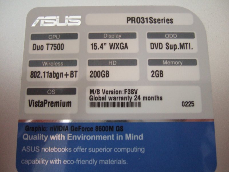 Asus Pro31SV, etichetta