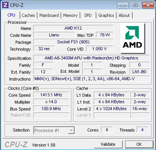 CPUz: processore AMD A6-3400M