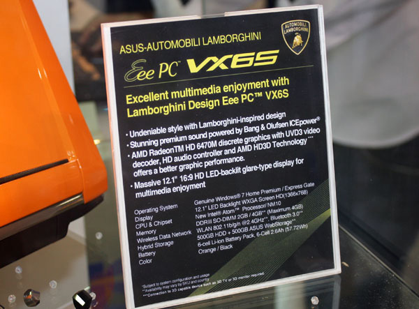 Asus Eee PC Lamborghini VX6s cartellino