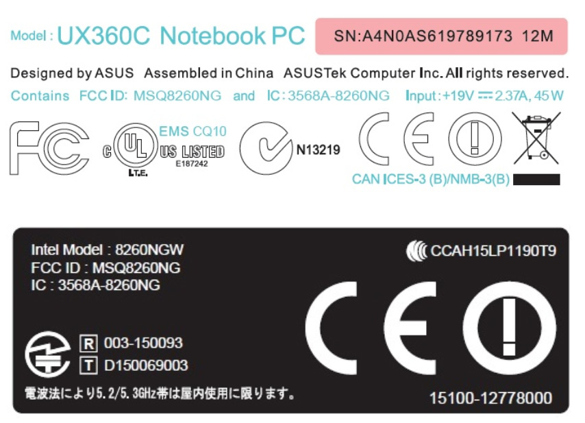 ASUS UX360C da FCC