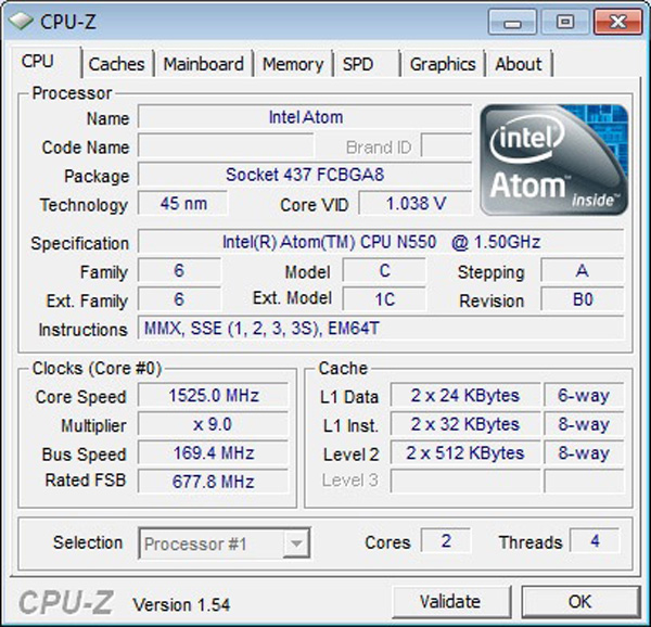Screen di CPUz del nuovo processore Atom N550 dual-core