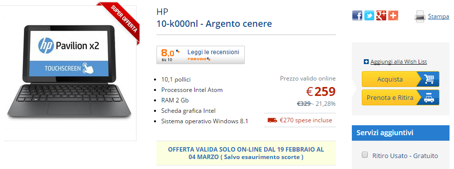 HP Pavilion 10 X2 (10-K000NL) in super offerta a 259 euro