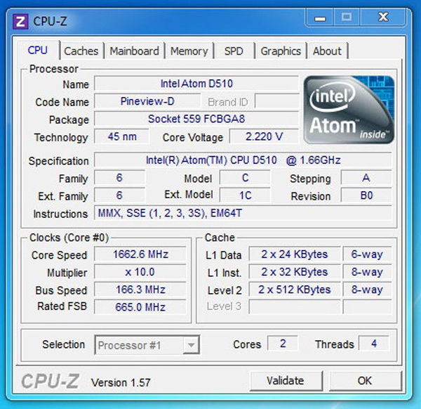 Intel Atom D510, CPUz