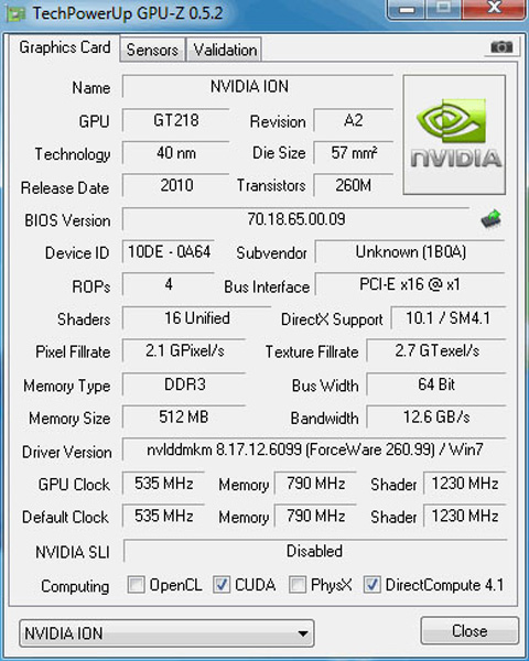 Nvidia Ion 2 16 core: GPUz