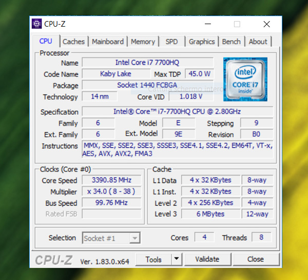 CPUz: Intel Core i7-7700HQ