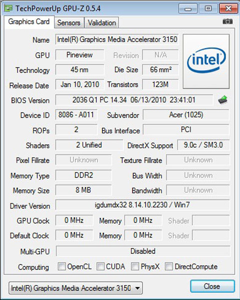 Intel GMA 3150: GPUz