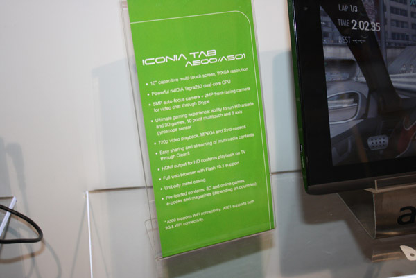 Acer Iconia Tab A500 cartellino
