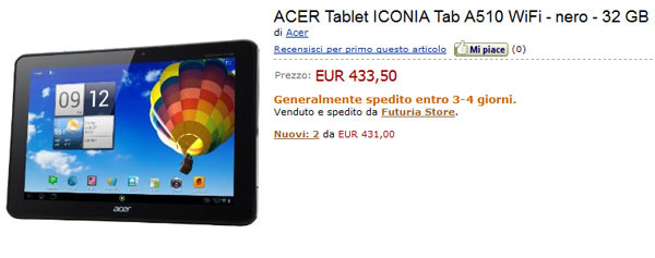 Acer Iconia Tab A510 in vendita in Italia