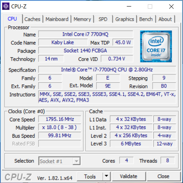 CPUz: Intel Core i7-7700HQ