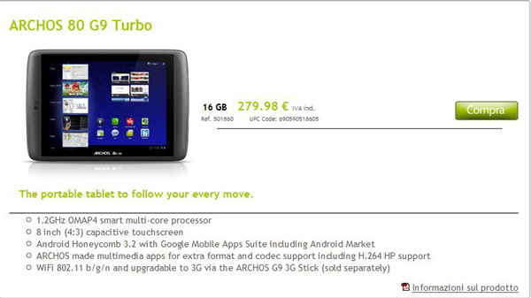 Archos 80 G9 Turbo sullo shop di Archos