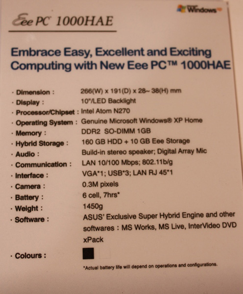 Specifiche tecniche Asus Eee PC 1000 HAE