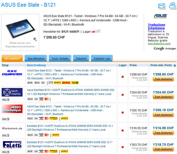 Asus Eee Slate B121 in vendita in Svizzera