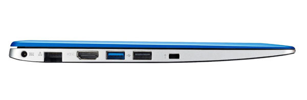 Porte sui lati del netbook Asus F201: HDMI, Ethernet LAN e USB