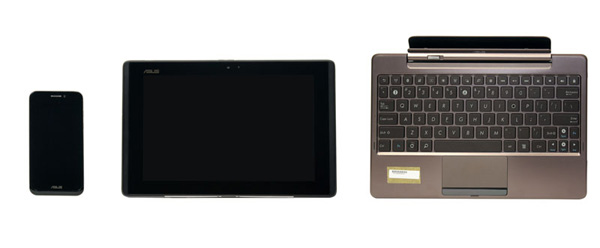 Il kit Asus Padfone: smartphone, tablet, tastiera. Ciascun elemento integra una batteria