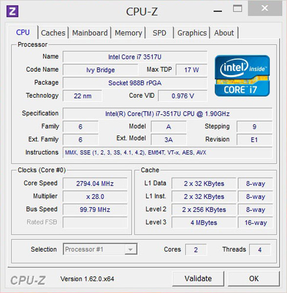 CPUz Intel Core i7-3517U