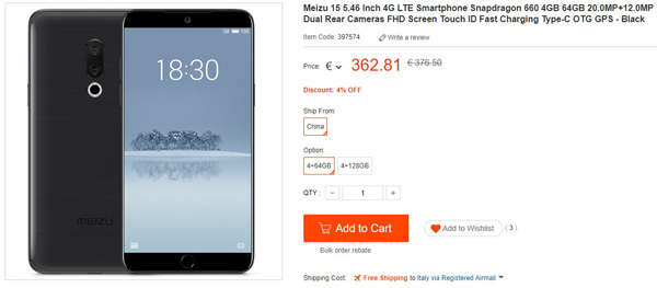 Meizu 15 nero da 4+64GB in offerta a 290€
