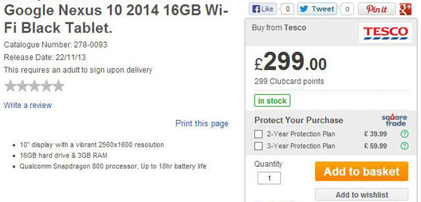 Il Google Nexus 10 a 299 sterline su uno shop inglese