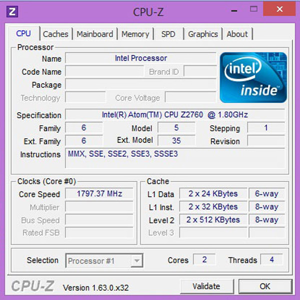 CPUz: Intel Atom Z2760