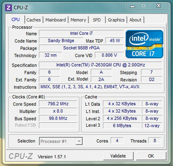 CPUz del processore Intel Core i7-2630QM