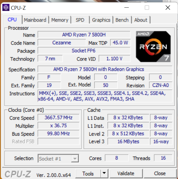 CPUz: AMD Ryzen 7 5800H