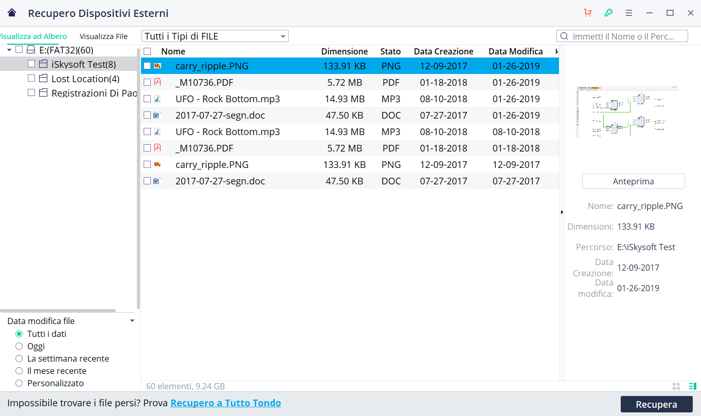 iSkysoft Data Recovery file individuati
