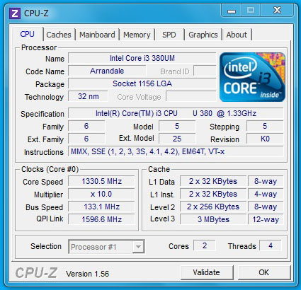 Processore Intel Core i3 su CPUz