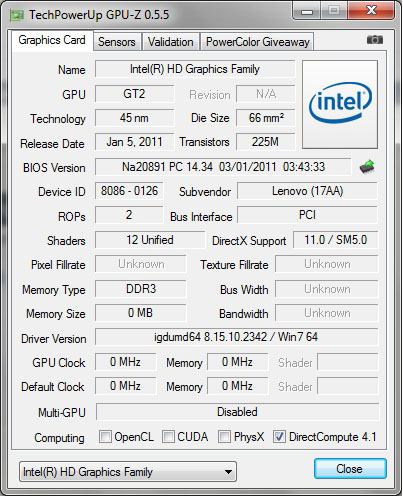 GPUz: Intel GMA HD 3000