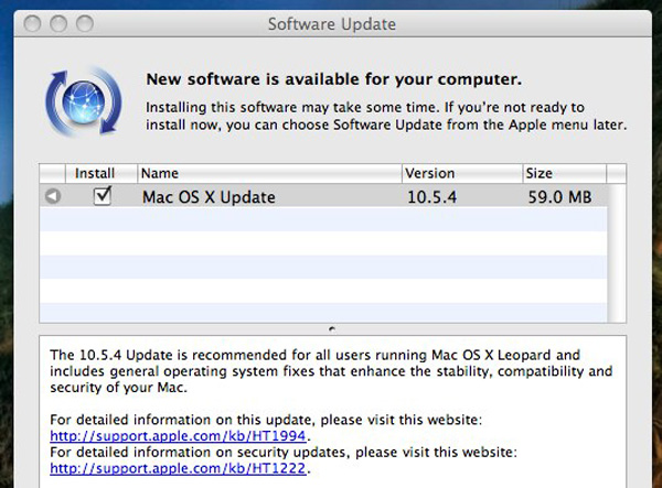 Screenshot aggiornamento Apple Mac OS X 10.5.4