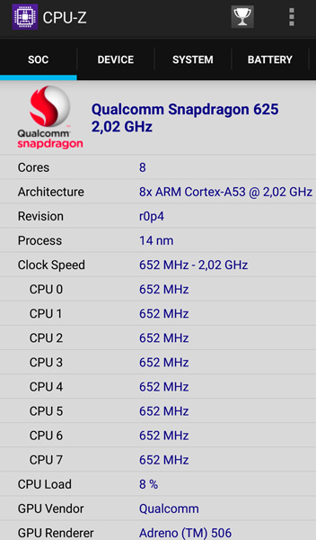 CpuZ: Qualcomm Snapdragon 625