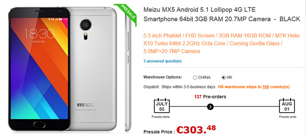 Meizu MX5 in vendita con consegna gratuita in Italia