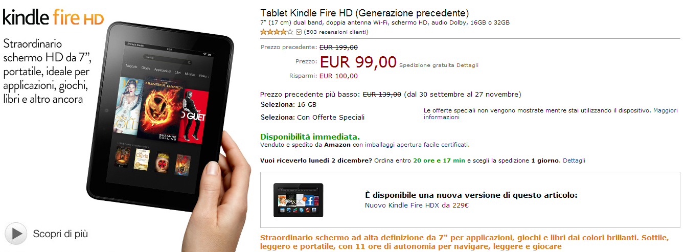 Amazon Kindle Fire HD a 99 euro