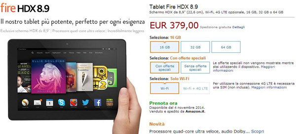 Amazon Kindle Fire HDX 8.9 in Italia a 379 euro
