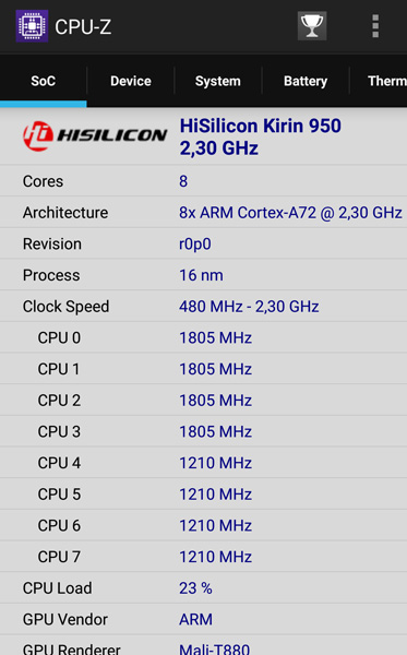 CPU-Z: Huawei Hisilicon Kirin 950 con Mali T880