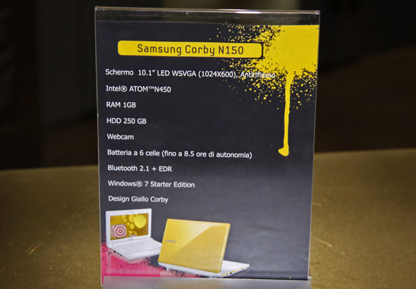 Cartellino specifiche del netbook Samsung N150 Corby