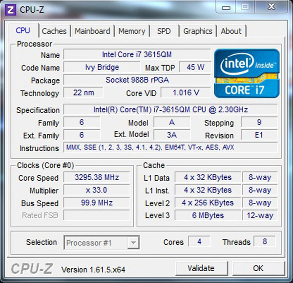 CPUz: Intel Core i7-3615QM