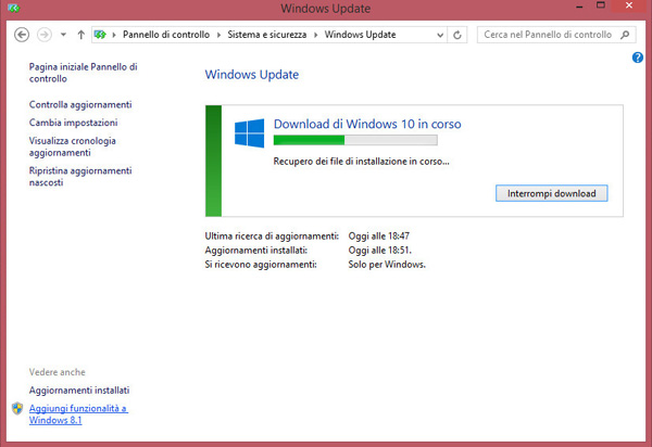 Download di Windows 10 in Windows Update